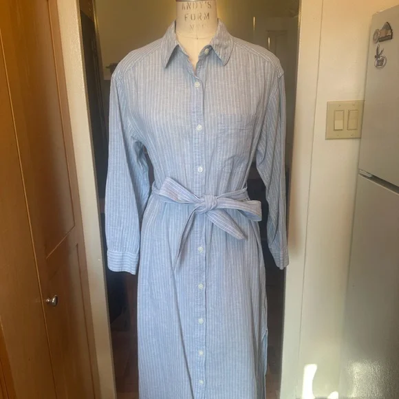 H&M Light Blue Pinstripe Midi Shirt Dress - Picture 3 of 8